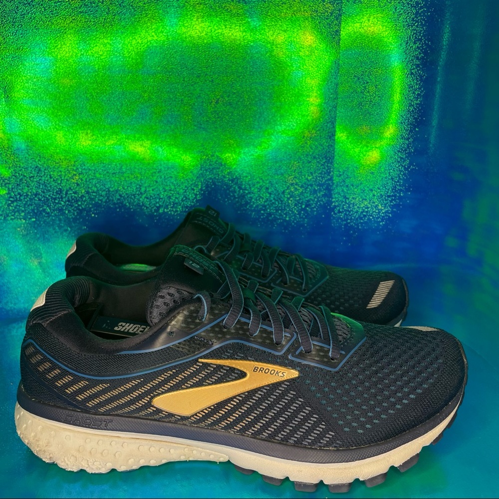 Brooks Ghost 12 Trail Running Shoes Navy Blue Gold Mens Sz 7 Wide